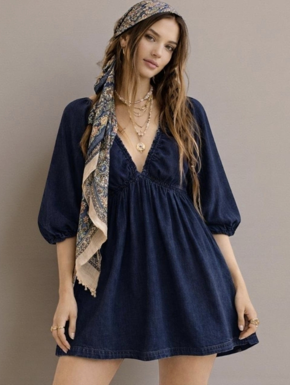 ​Free People Portia Denim Mini Dress L 100% Cotton Balloon Sleeve Boho Chambray